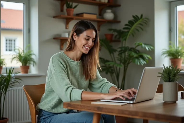 Femme souriante travaillant à son bureau à domicile