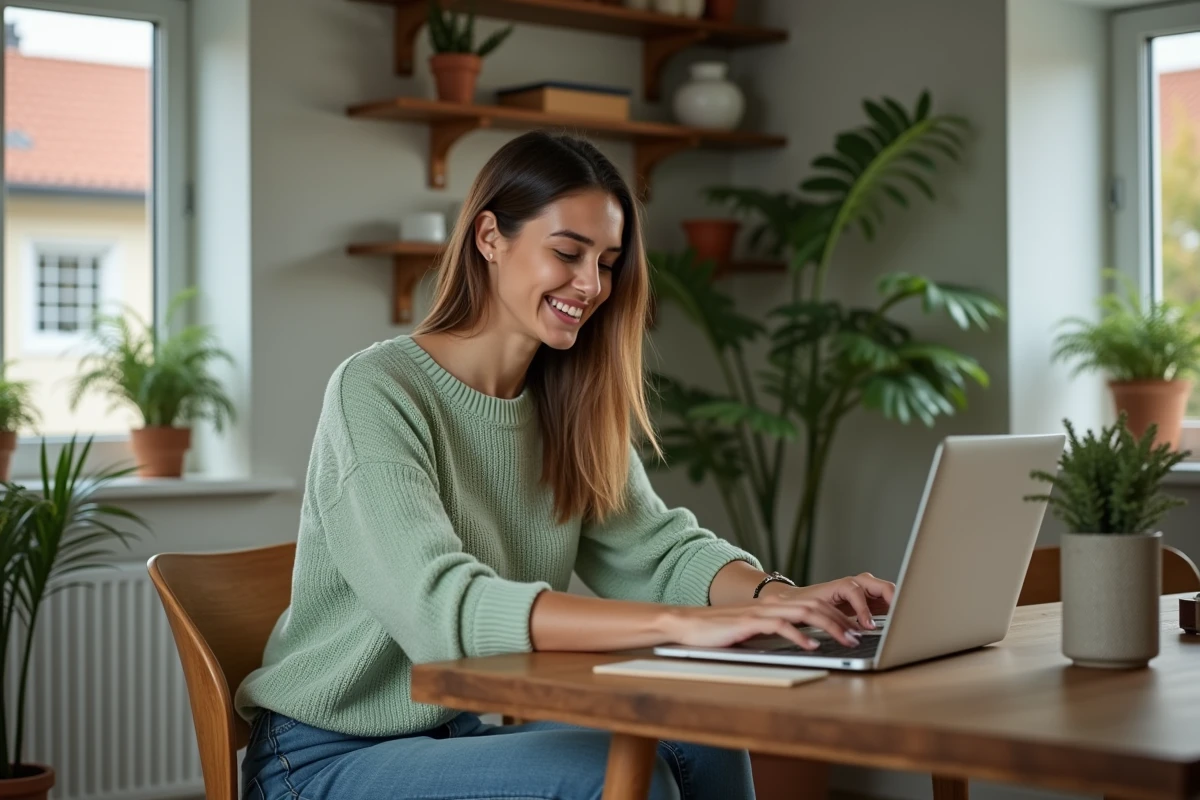 Femme souriante travaillant à son bureau à domicile
