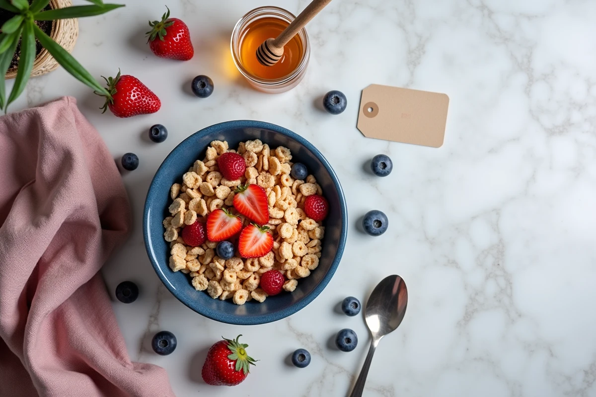 Vue aérienne d'un bol de céréales Special K avec des fruits rouges et du miel sur un fond marbre pour un article nutritionnel