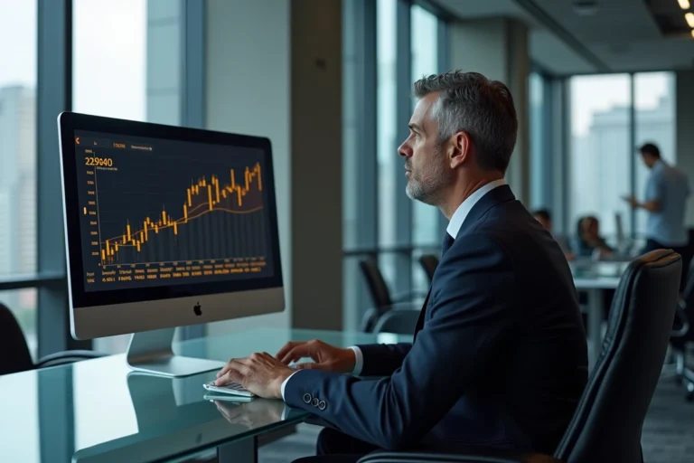 Homme d'affaires en costume regardant un graphique bitcoin 2040