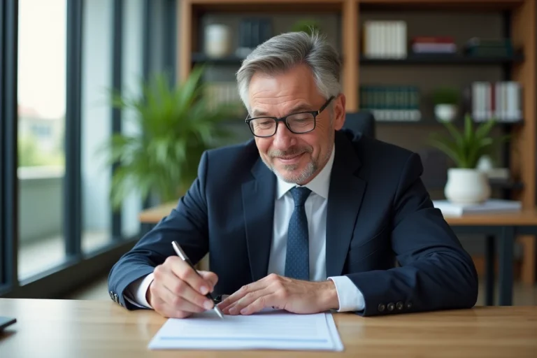 Homme d'affaires en costume examine des documents dans un bureau moderne