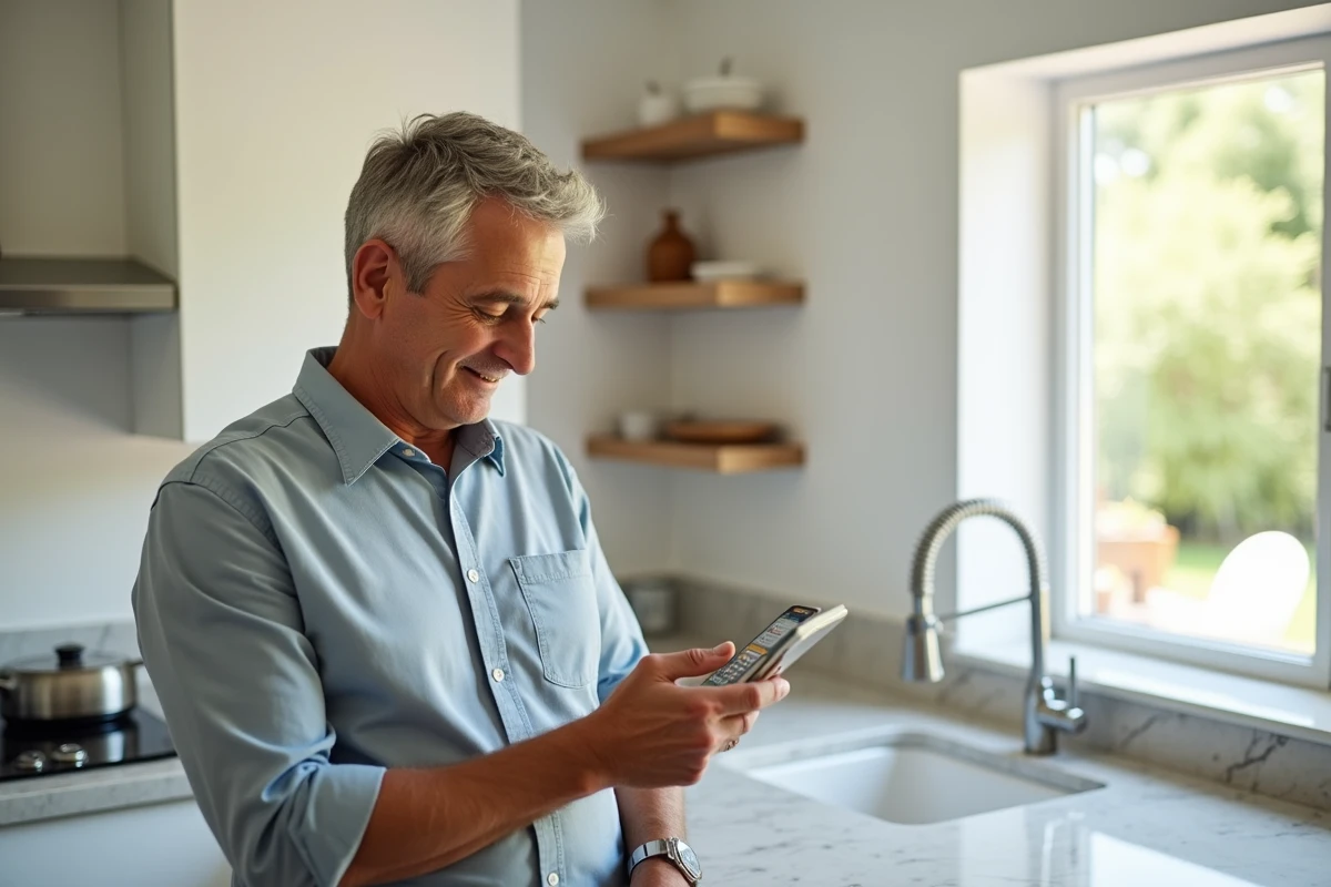 Homme consultant une application de location de maison sur smartphone dans une cuisine moderne