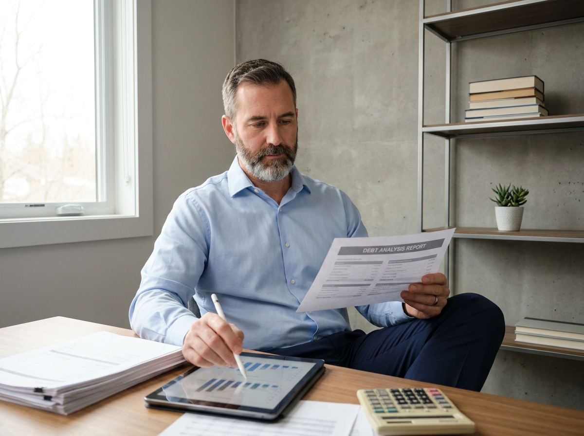 Homme analysant un rapport financier dans un bureau minimaliste