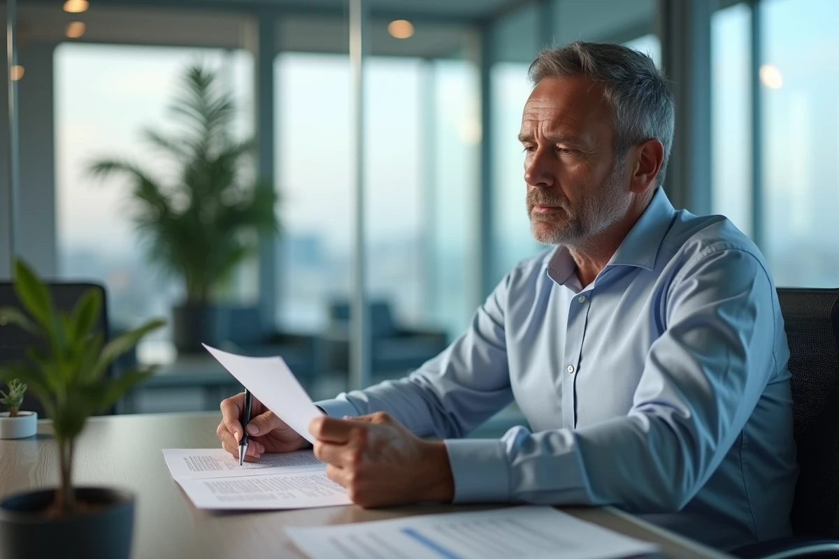 Homme examinant un contrat de crédit dans une banque moderne