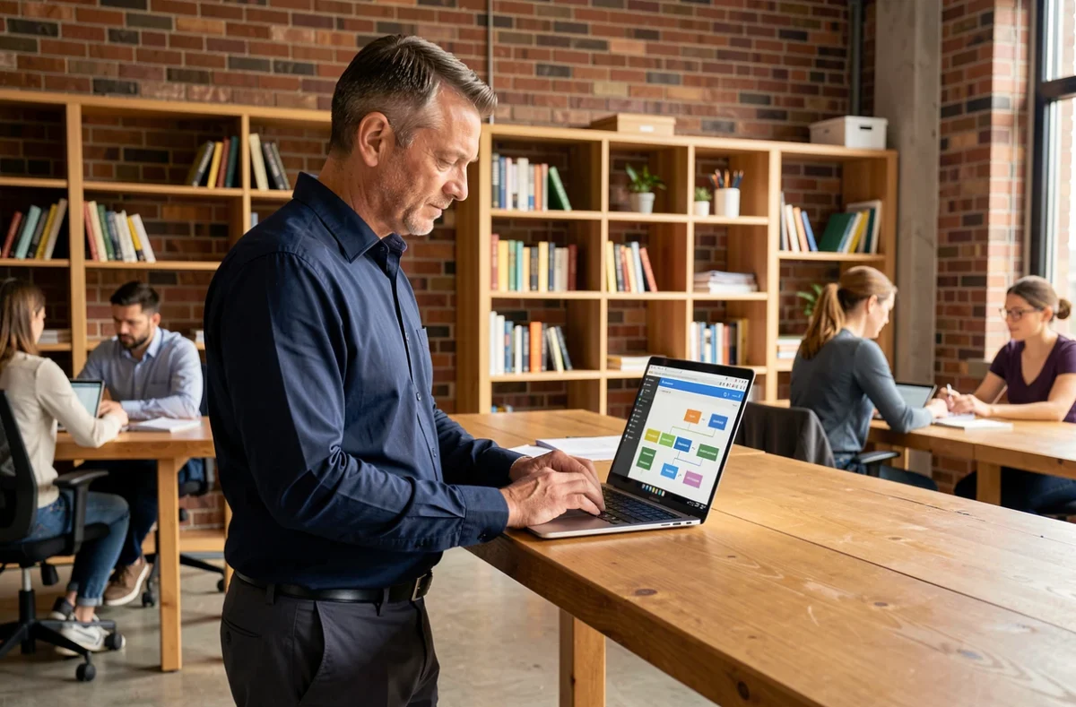 Homme debout dans un espace de coworking consultant la structure d'un site d'offres d'emploi sur laptop