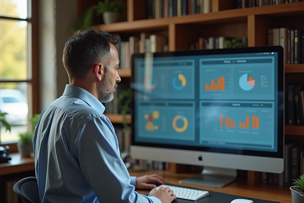 Homme analysant des tableaux de bord dans un bureau à domicile