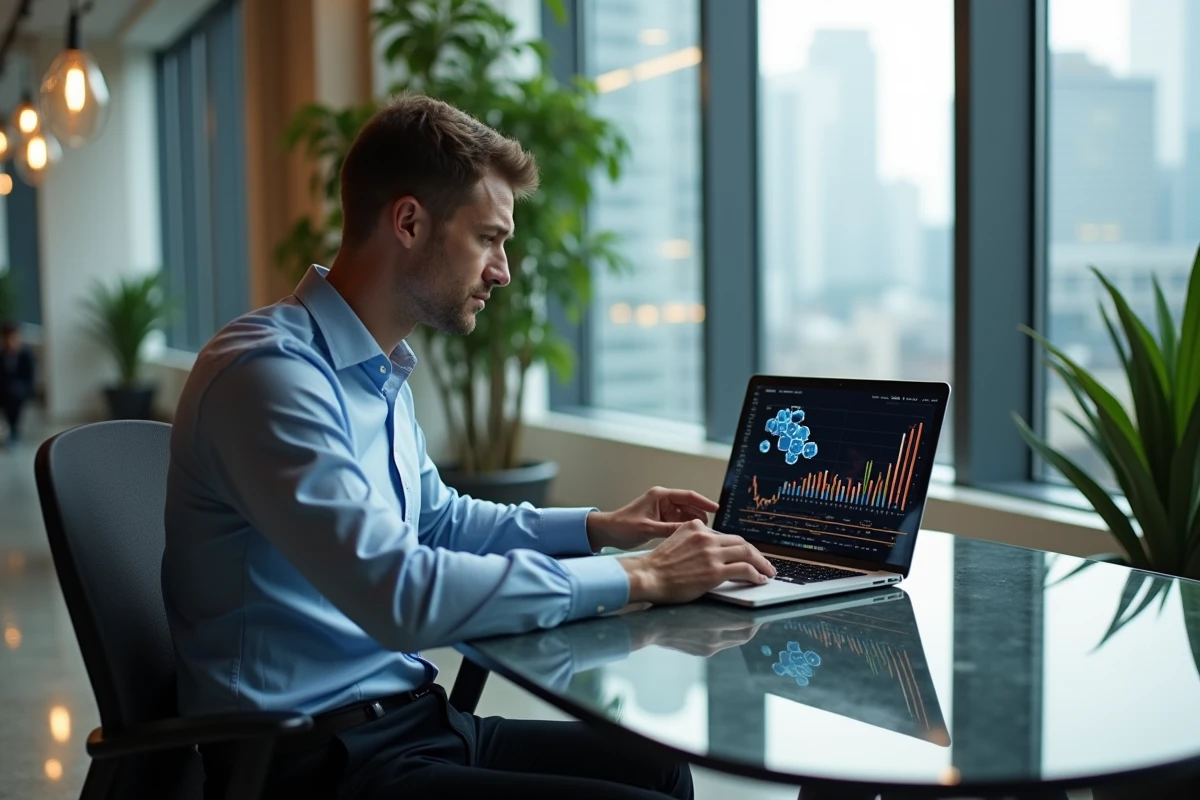 Homme confiant analysant données hydrogene et crypto