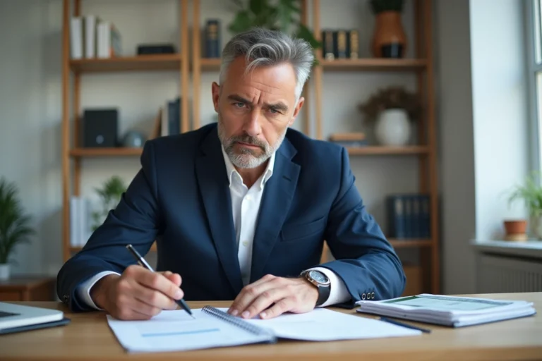 Homme d'âge moyen en costume bleu examinant des documents de prêt immobilier
