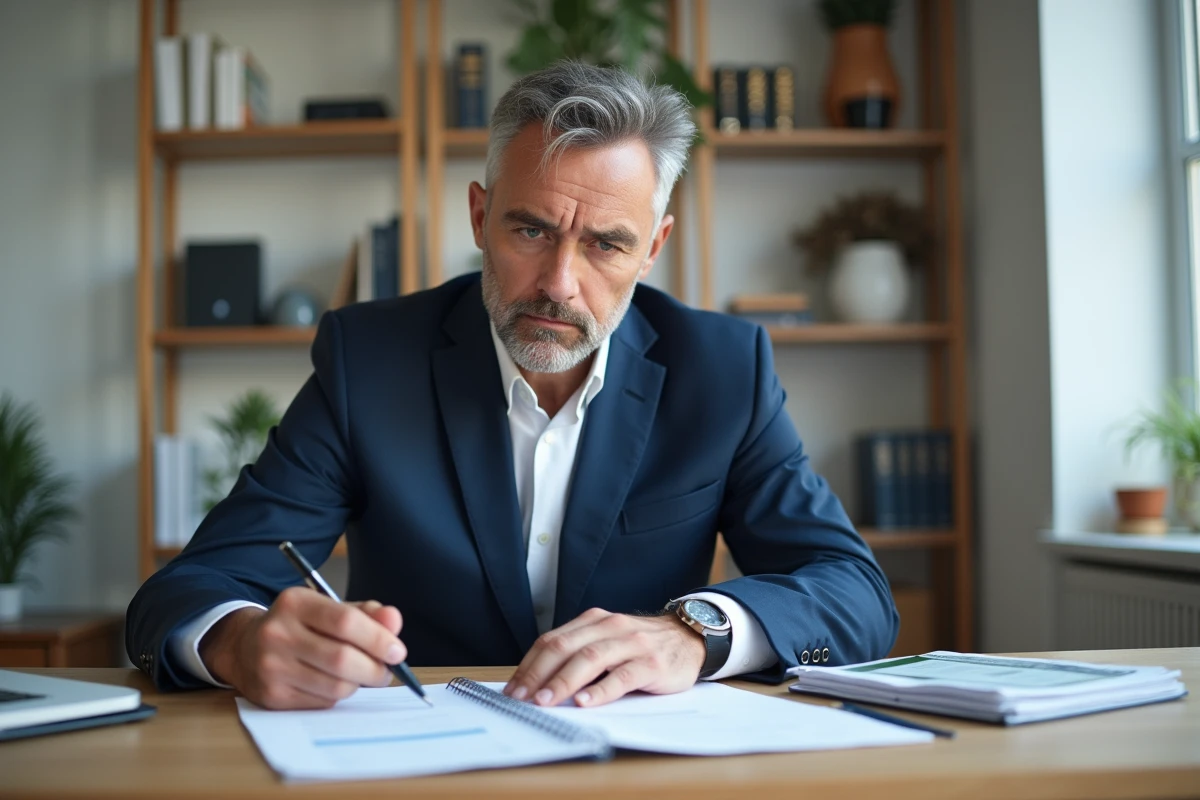 Homme d'âge moyen en costume bleu examinant des documents de prêt immobilier