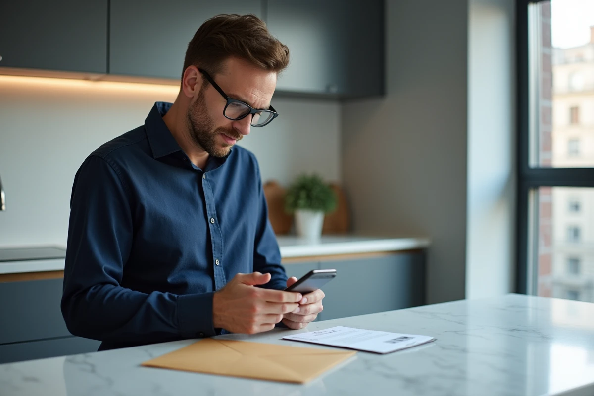 Homme consultant son téléphone pour identifier le nom d'un expéditeur à partir d'une adresse postale