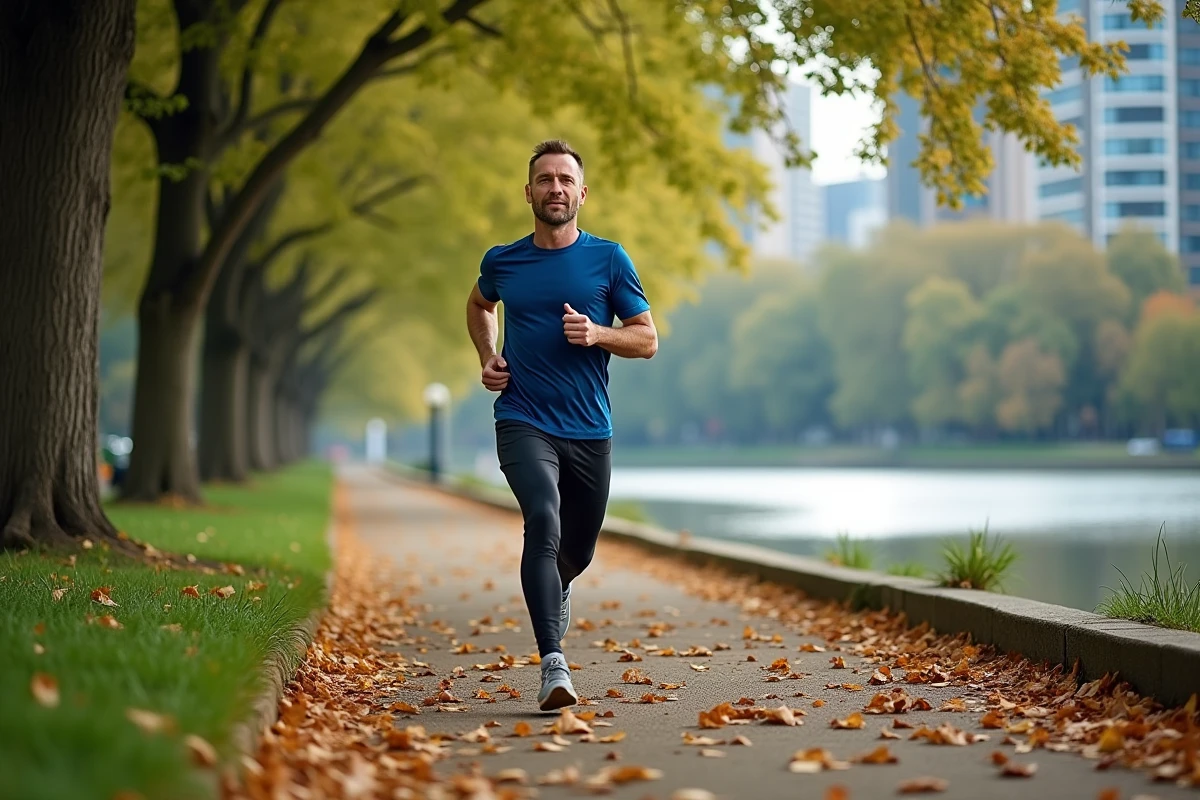 Homme courant dans un parc urbain en automne