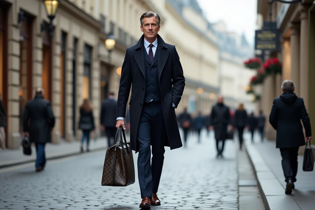 Homme en manteau de luxe marchant sur un boulevard parisien avec un sac de grande maison, symbolisant la concurrence dans l'univers du luxe mondial