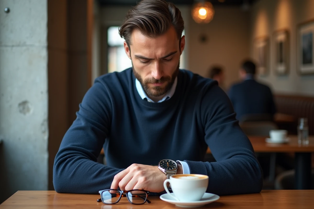 Homme portant une montre classique en acier inoxydable et des lunettes en écaille dans un café urbain minimaliste