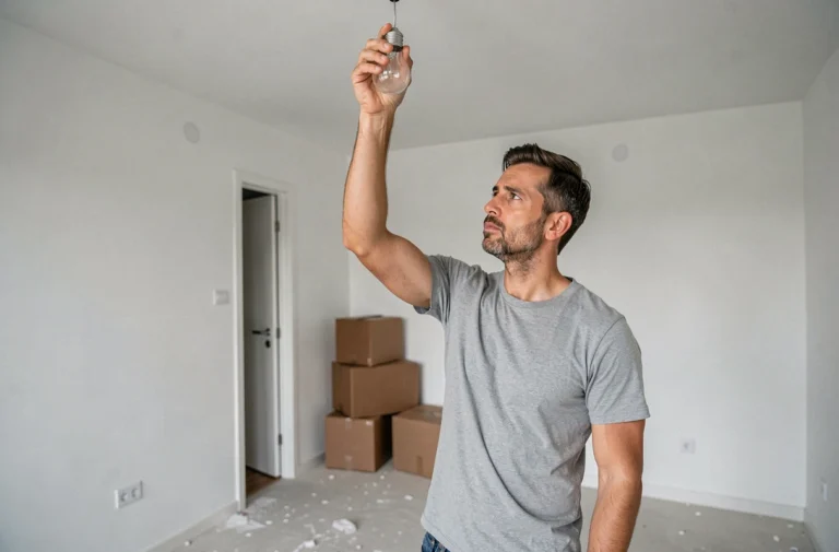 Homme retirant une ampoule du plafond dans un appartement vide lors d'un déménagement