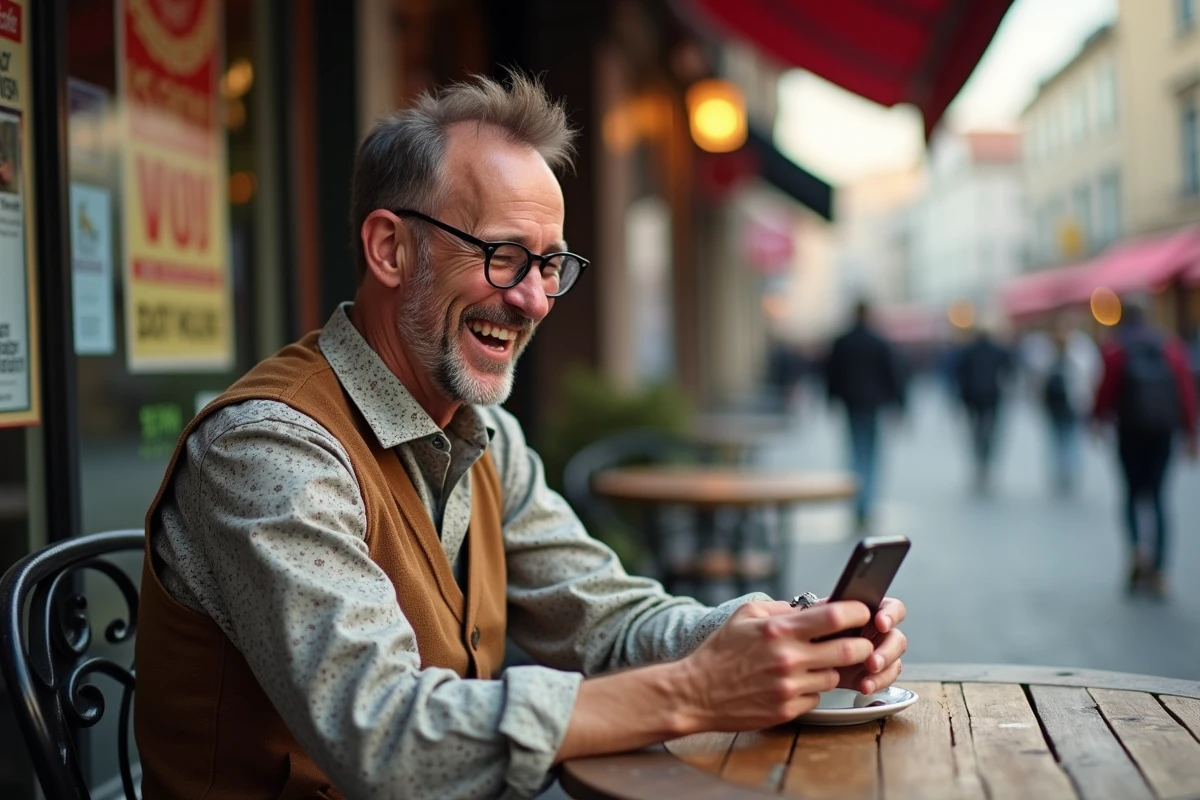 Homme souriant au café en terrasse en ville