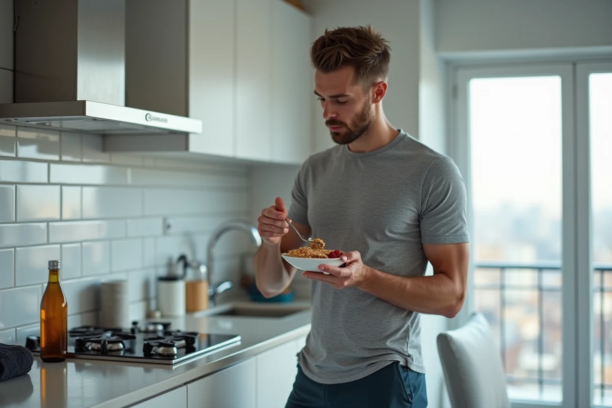 Homme sportif mangeant des céréales Special K avec des fruits frais après une séance de sport matinale