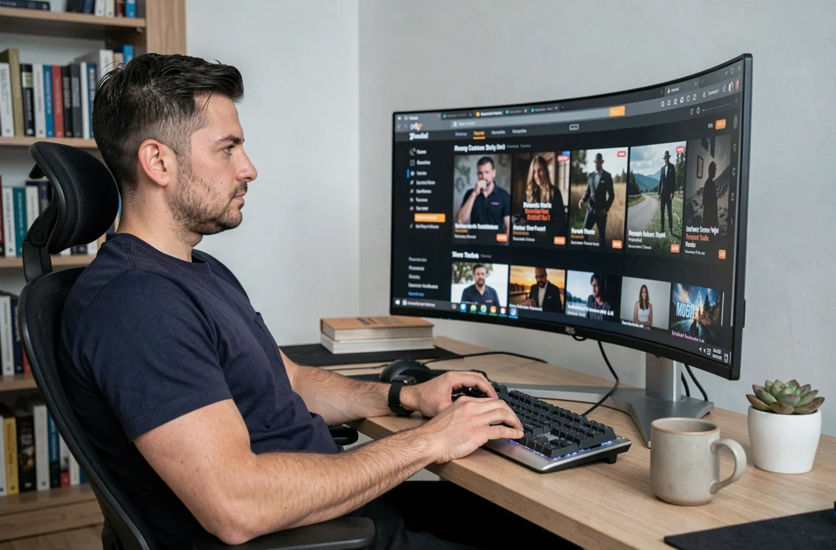 Homme consultant des sites de streaming alternatifs pour regarder des films en ligne depuis son bureau