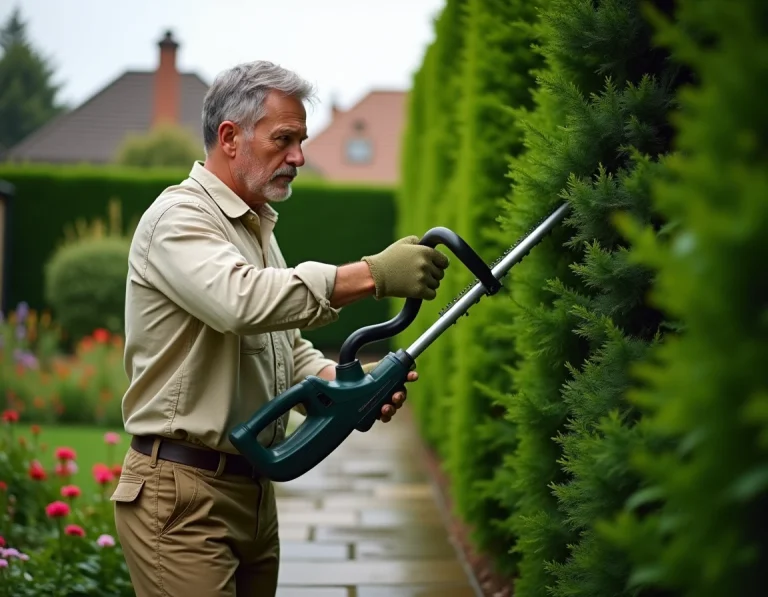 Homme utilisant un taille-haie télescopique pour tailler une haie verte dans un jardin entretenu