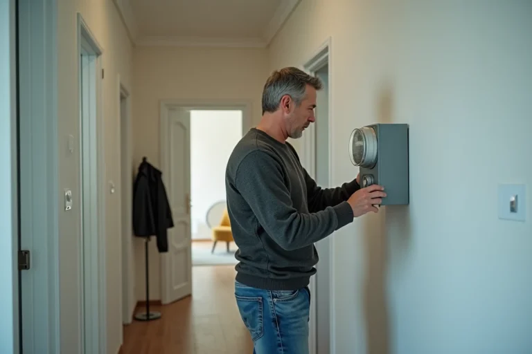 Homme d'âge moyen inspectant un compteur électrique dans un appartement