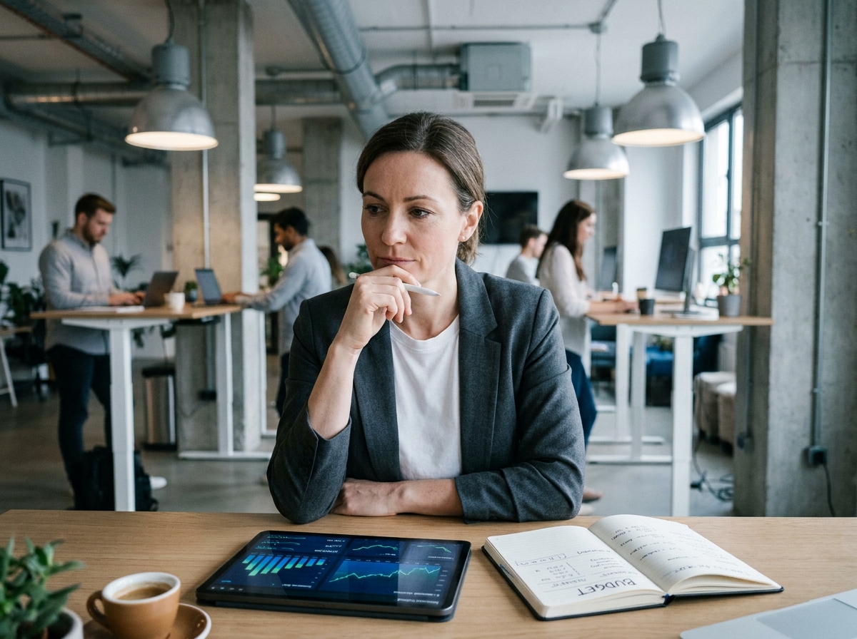 Freelance féminine analysant ses revenus et charges sur une tablette dans un espace de coworking moderne