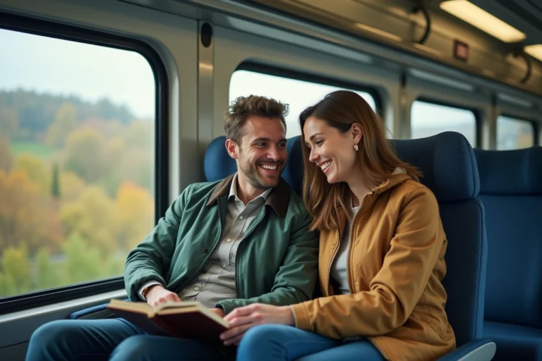 Jeune couple souriant avec guide dans train moderne