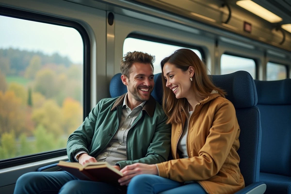 Jeune couple souriant avec guide dans train moderne