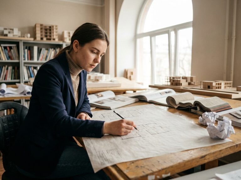 Jeune étudiante en architecture esquissant des plans dans un studio lumineux