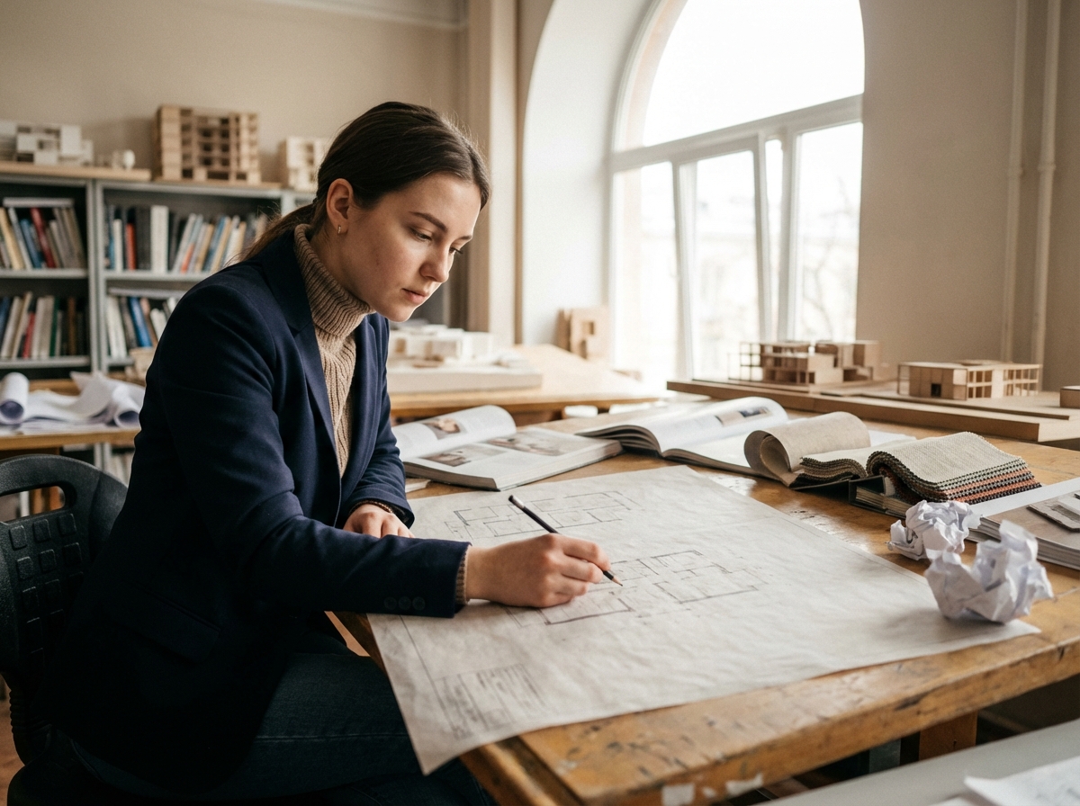 Jeune étudiante en architecture esquissant des plans dans un studio lumineux