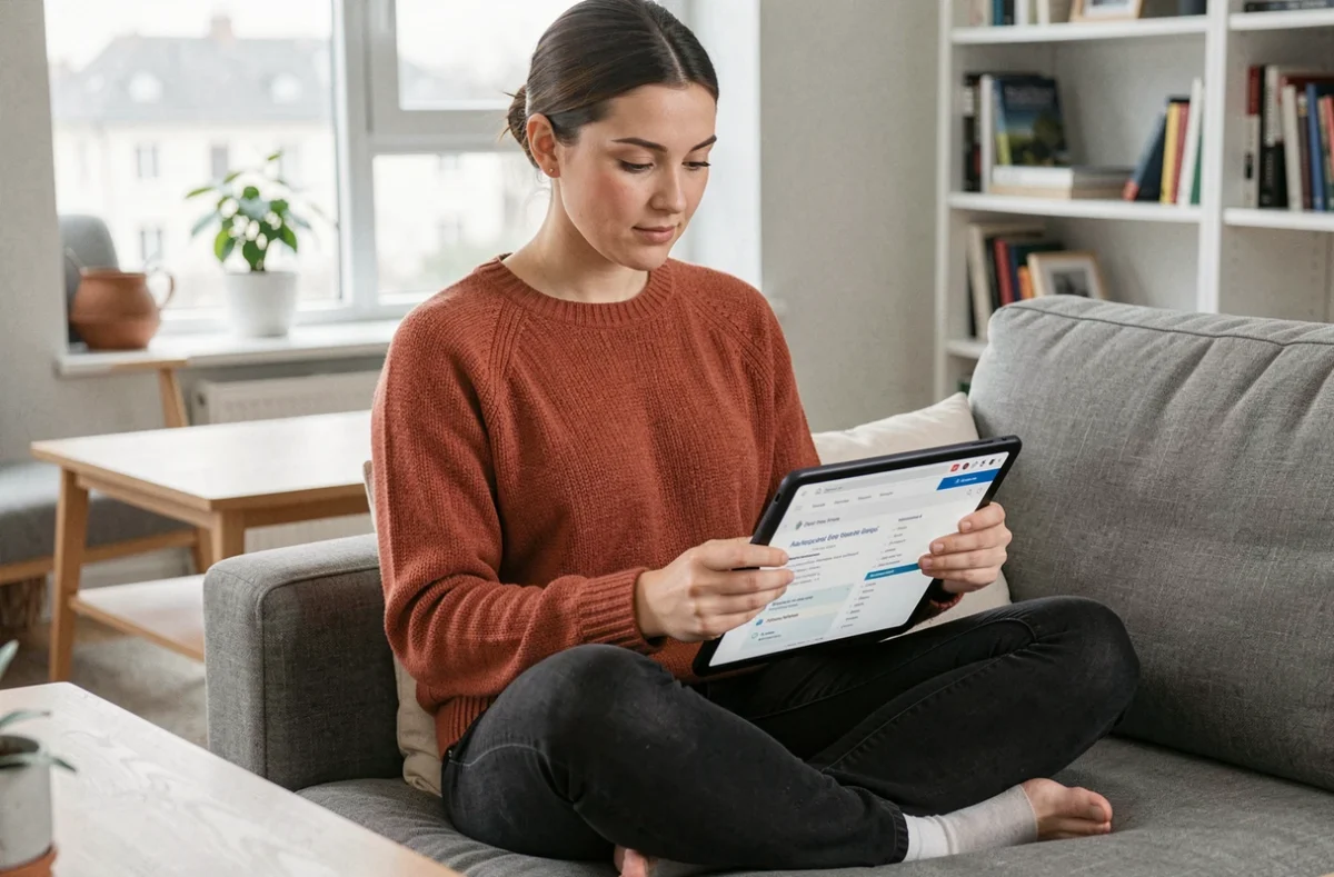 Jeune femme à domicile consultant le plan du site Spot Emploi sur une tablette depuis son salon
