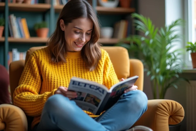 Jeune femme lisant une tablette dans un salon cosy