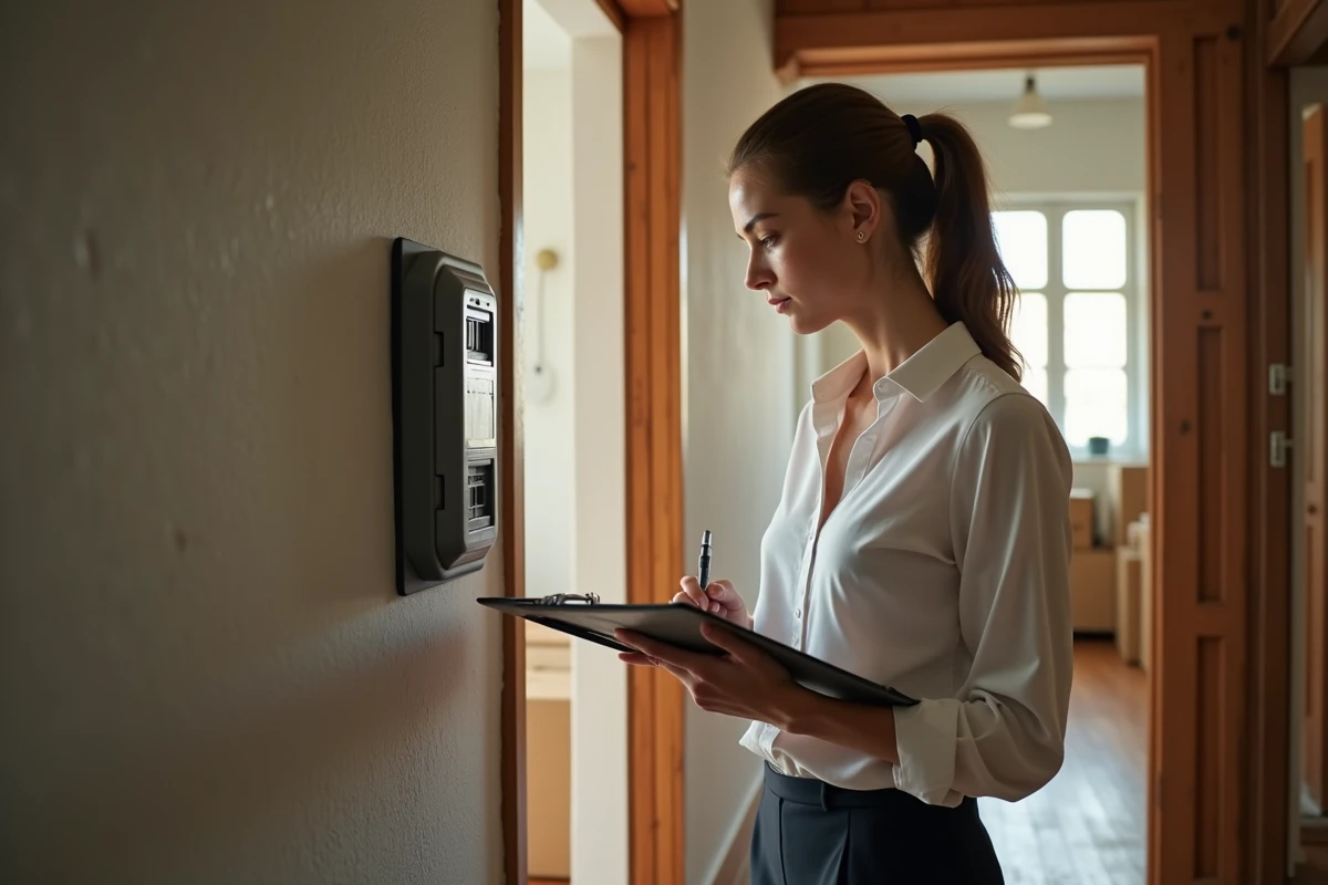 Jeune femme avec un carnet vérifiant un compteur électrique à l