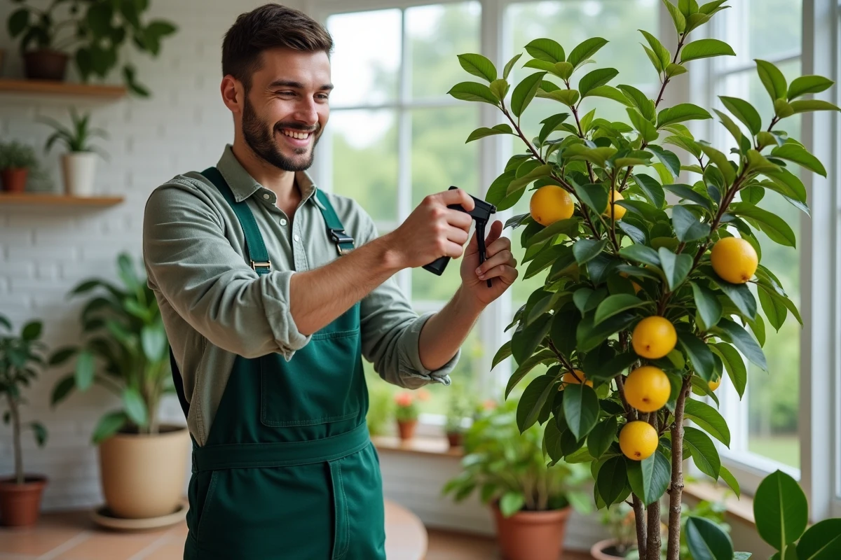 Jeune homme arrose un citronnier en intérieur
