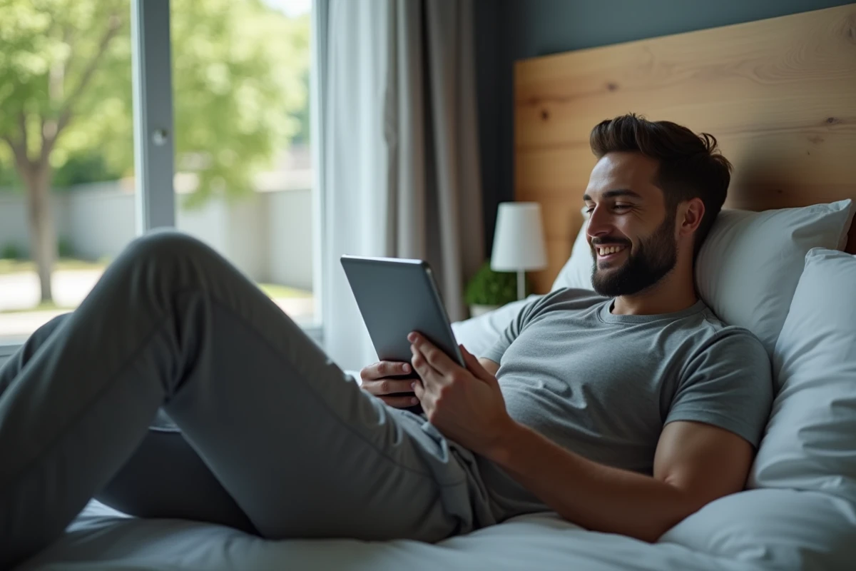 Jeune homme regardant une série sur une tablette dans sa chambre