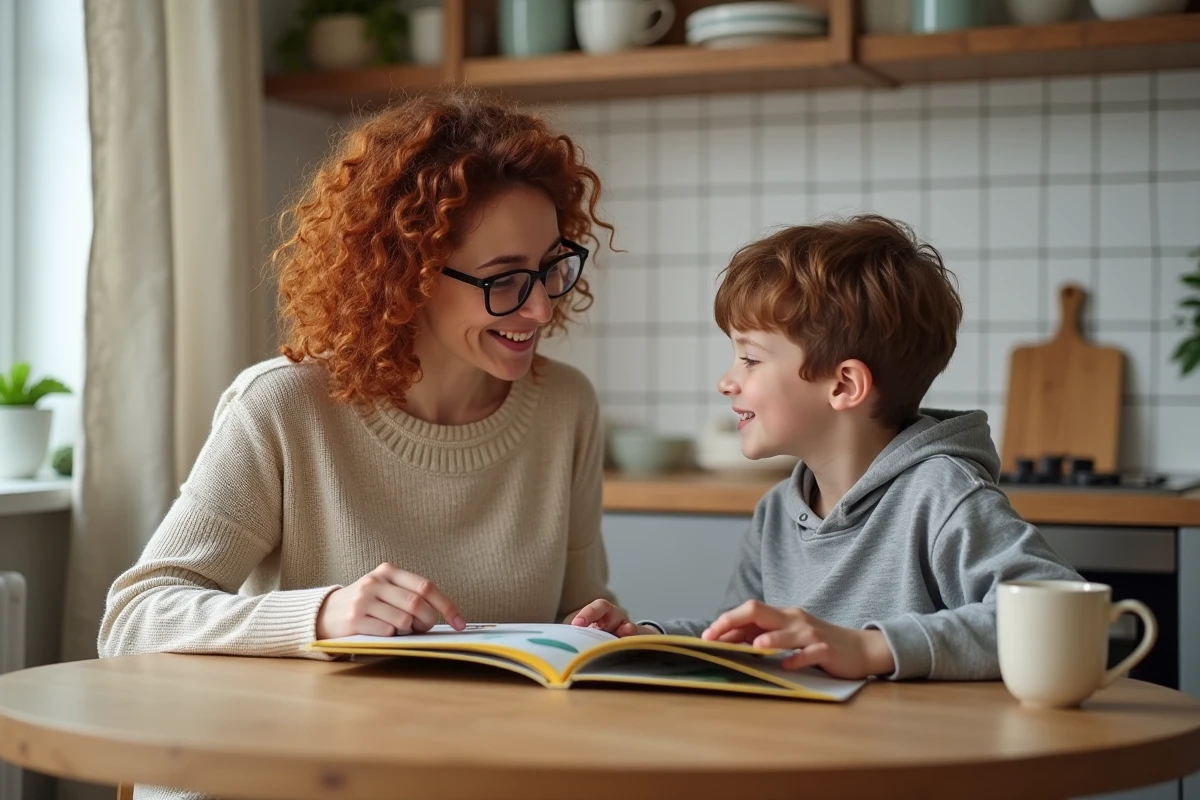 Mère et fils lisant un livre illustré ensemble à la table de cuisine, évoquant le soutien parental au développement du langage et de l'éveil intellectuel de l'enfant