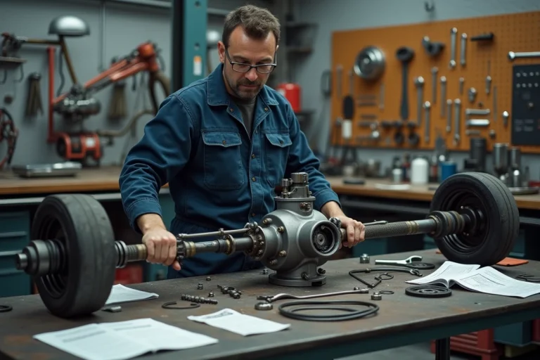 Mécanicien inspectant un kit de conversion trike sur une moto dans un atelier de garage équipé
