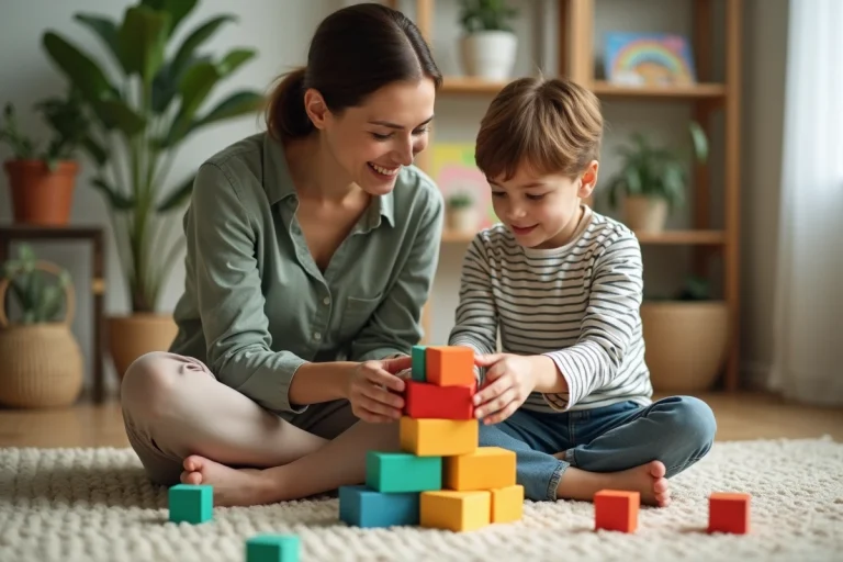 Mère et enfant jouant ensemble avec des blocs en bois sur le sol d'un salon chaleureux, illustrant l'accompagnement parental et le développement de l'enfant
