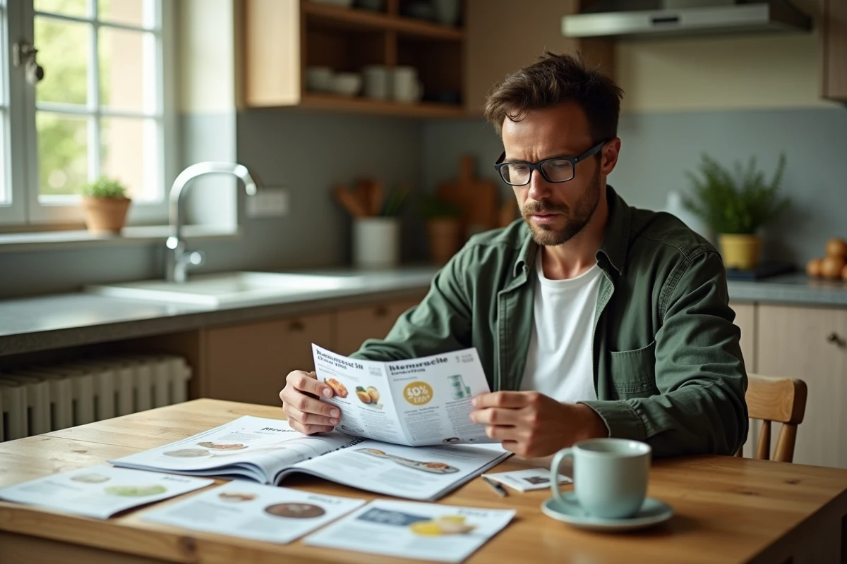 Homme organisant ses vignettes Armor Lux Intermarché 2026 sur une table de cuisine pour maximiser ses réductions