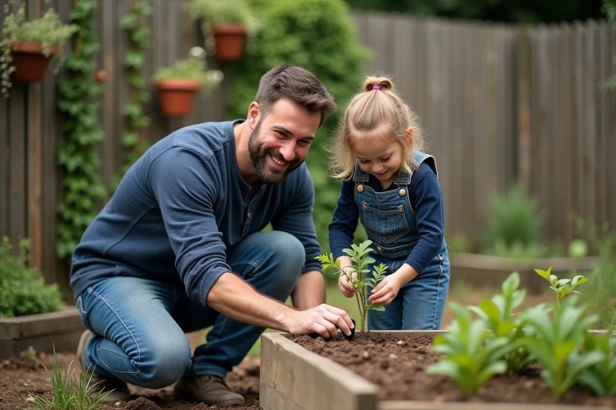 Père et fille plantant des semis ensemble dans un jardin, symbolisant l'éveil de la curiosité et l'épanouissement de l'enfant au contact de la nature