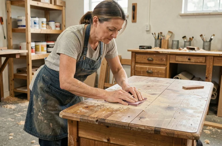 Femme ponçant un meuble en bois ancien dans un atelier de bricolage à domicile