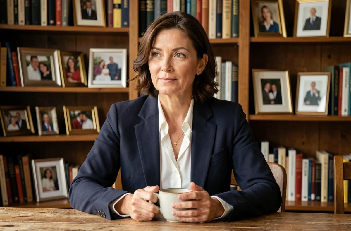 Femme élégante et posée dans un intérieur parisien chaleureux, portrait intime évoquant la personnalité discrète d'une épouse de personnalité publique