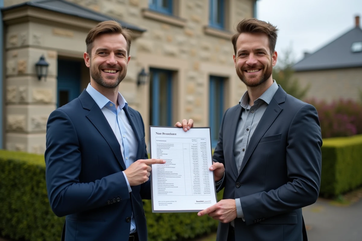 Deux professionnels de l'immobilier examinent les frais d'hypothèque devant une maison à vendre en France