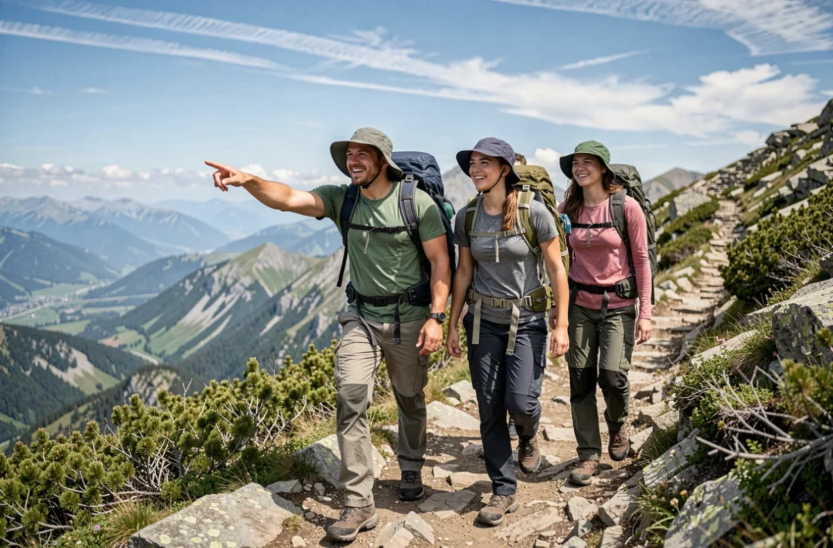 Groupe d'amis randonneurs souriant sur un sentier de montagne rocheux avec une vue panoramique sur la vallée