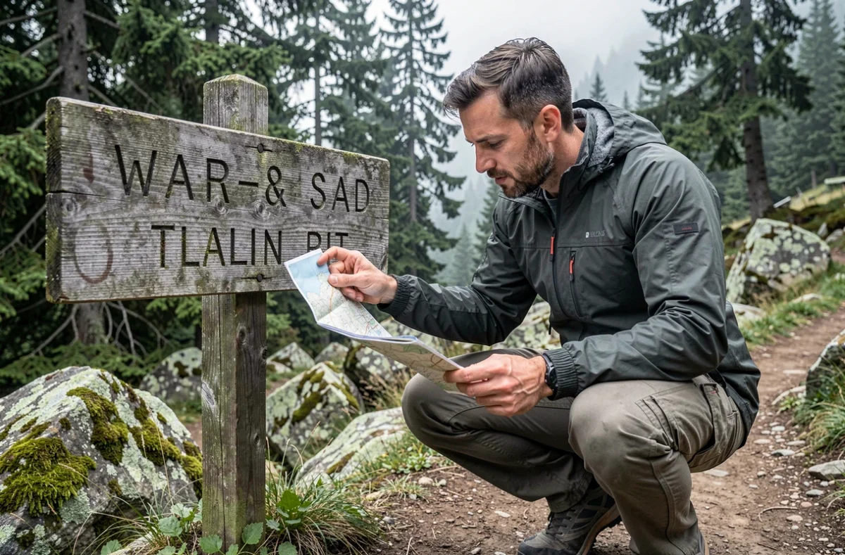 Randonneur étudiant un panneau de sentier en montagne lors d'une aventure en forêt alpine