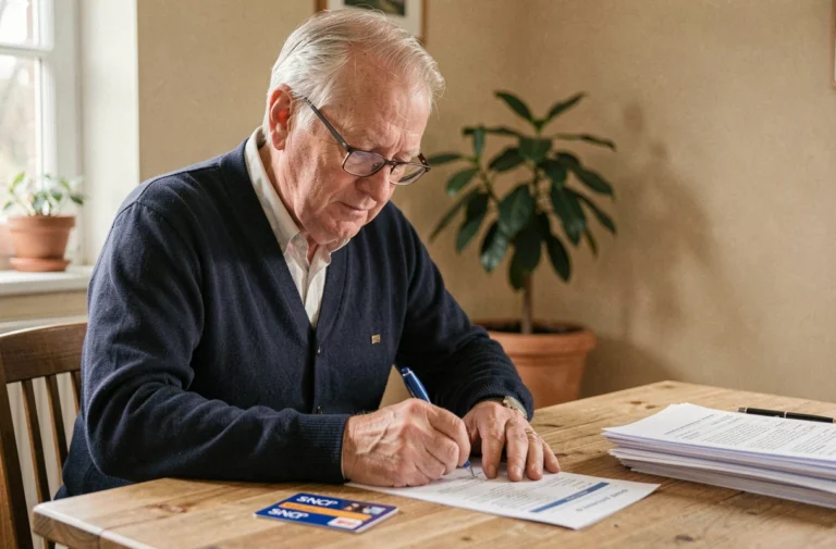 Retraité SNCF remplissant un formulaire de renouvellement du pass Carmillon à la maison