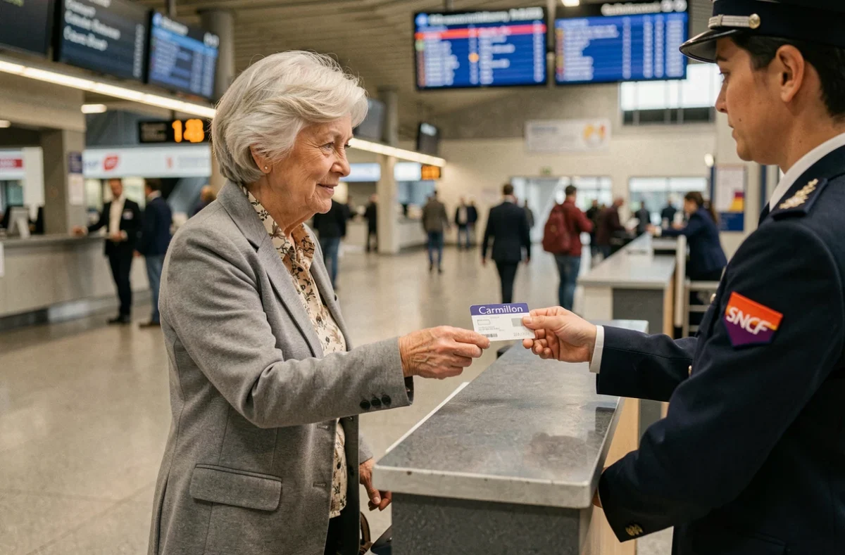 Retraitée SNCF au guichet d'une gare pour renouveler son pass Carmillon sans interruption