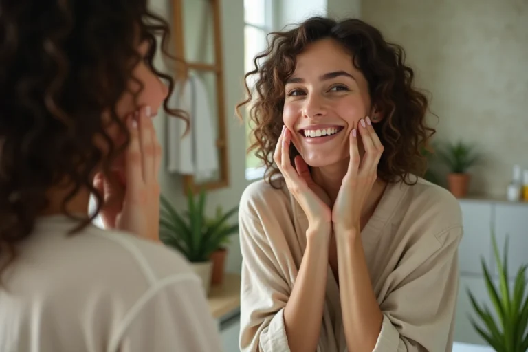 Femme souriante appliquant une creme visage dans sa salle de bain