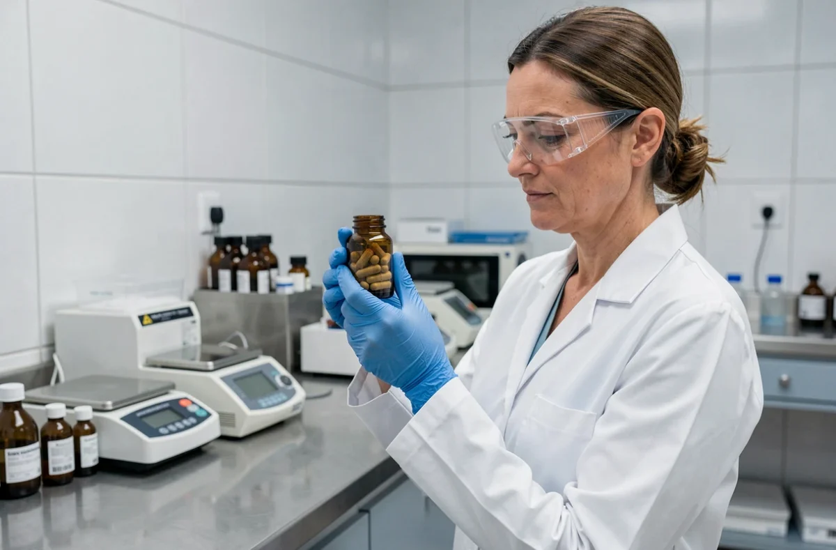 Scientifique en laboratoire pharmaceutique inspectant un flacon de compléments alimentaires pour en contrôler la qualité