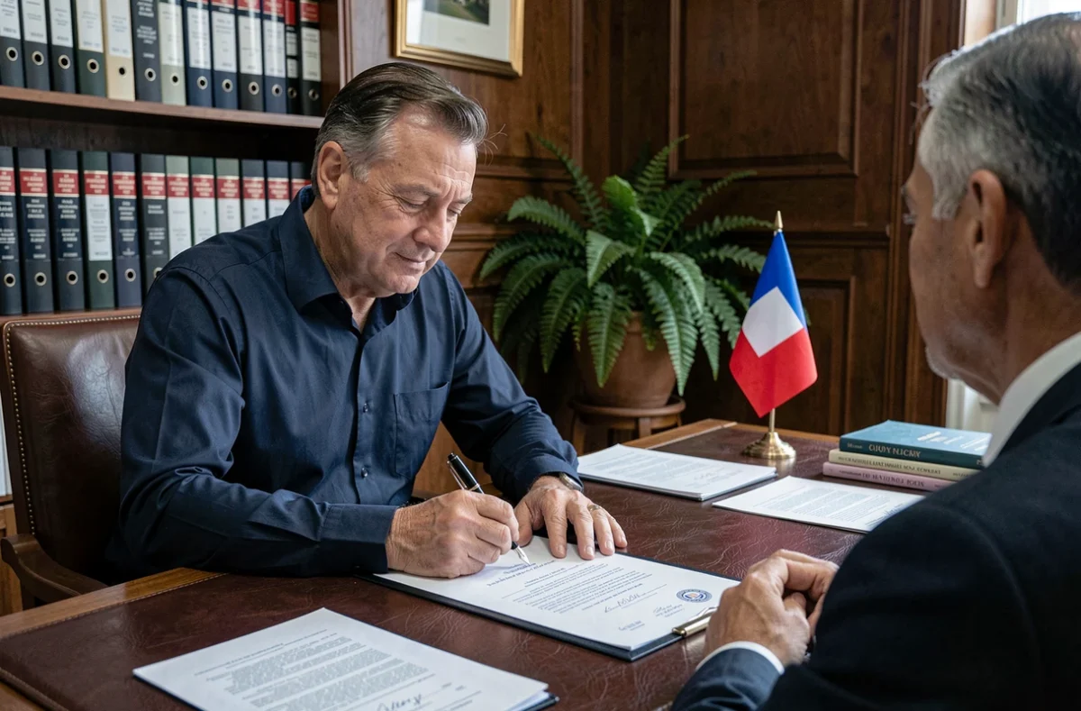 Homme d'âge mûr signant un acte de propriété chez un notaire dans un bureau traditionnel en bois sombre