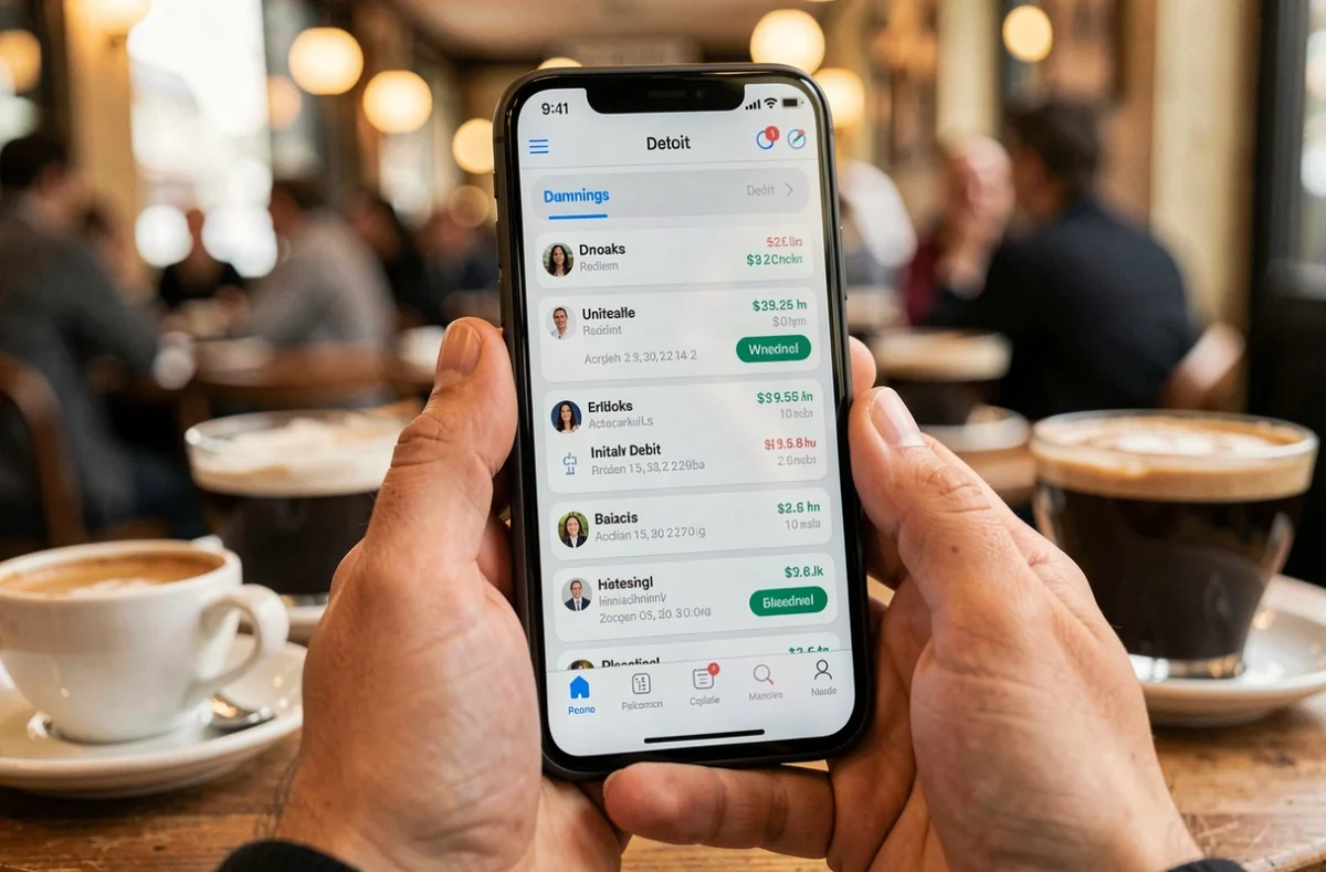 Gros plan sur un smartphone affichant une transaction débit sans nom dans une application bancaire mobile