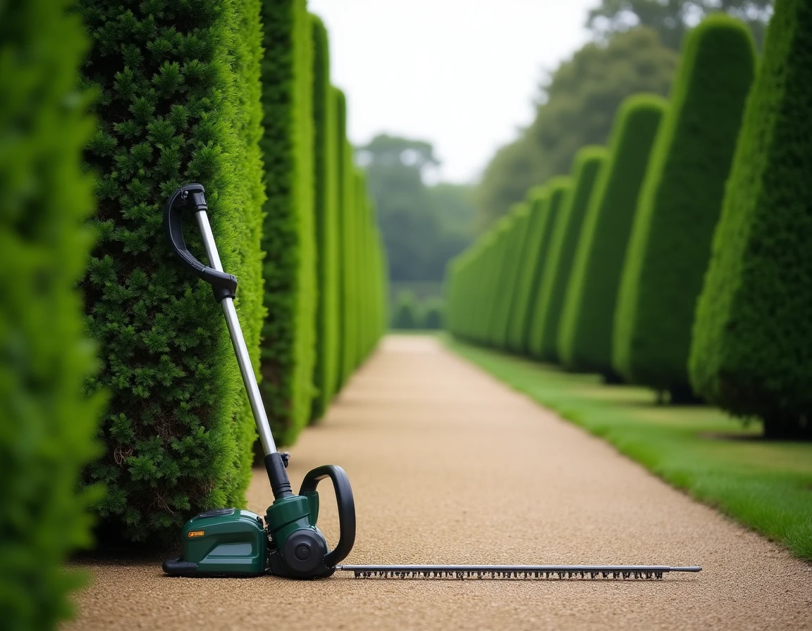 Taille-haie télescopique posé contre une haie parfaitement taillée dans un jardin formel avec allée en gravier